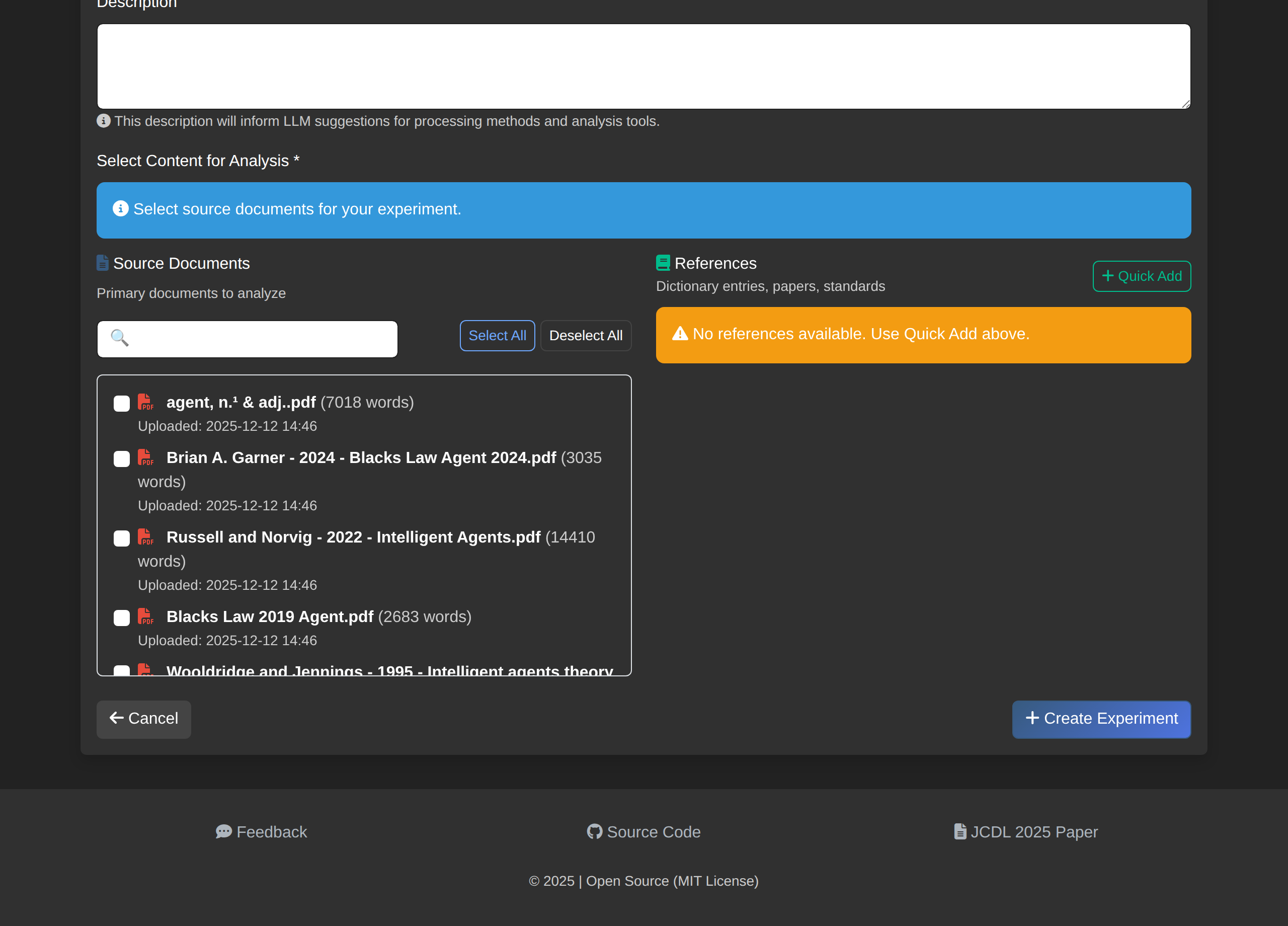 Experiment References Section